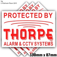 6 x 130mm Thorpe AlarmTM and CCTV Systems Design Red on White EXTERNAL Stickers-Alarm System Installed-Security Warning Stickers-Self Adhesive Vinyl Signs-Bell Box,Doors,Outside of Windows